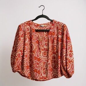 Orange Paisley Print Blouse Peasant Top Long Sleeve Bohemian Style Small‎